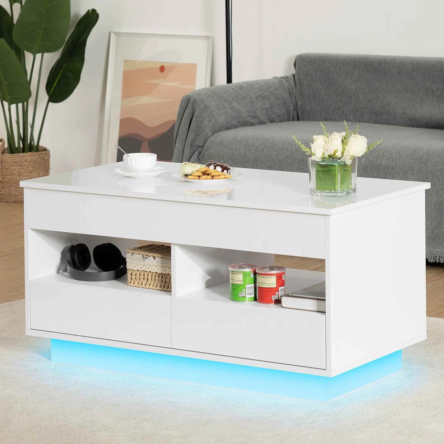 Top Lift Coffee Table with RGB LED Light High Gloss Surface Hidden Storage Compartment and Drawer Height Adjustable Tea Tables