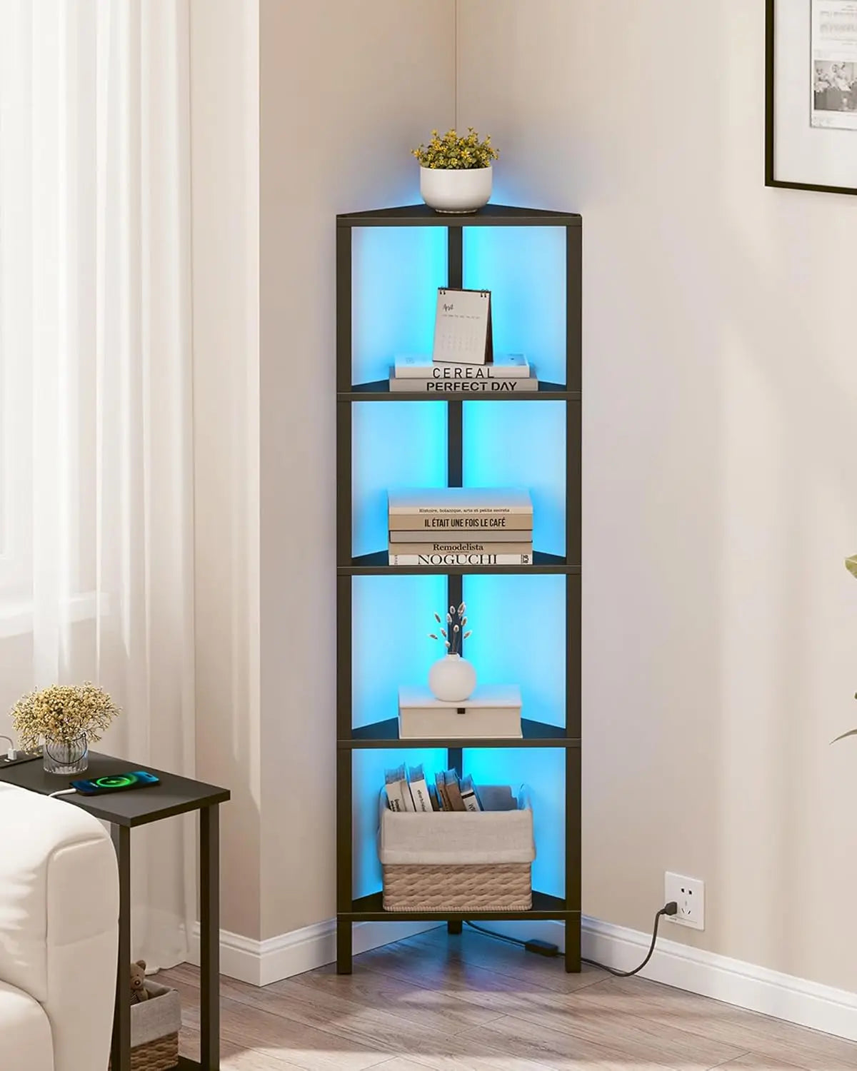 Corner Shelf with LED Light, 5-Tier Corner Bookshelf for Small Space, Narrow Display Corner Shelf Stand with Storage Rack