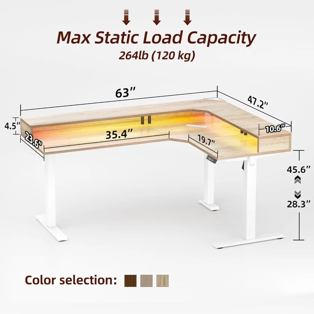 63'' L-Shaped Standing Desk with LED Light Strip and Power Outlet, Height Adjustable Corner Table with Ergonomic Monitor