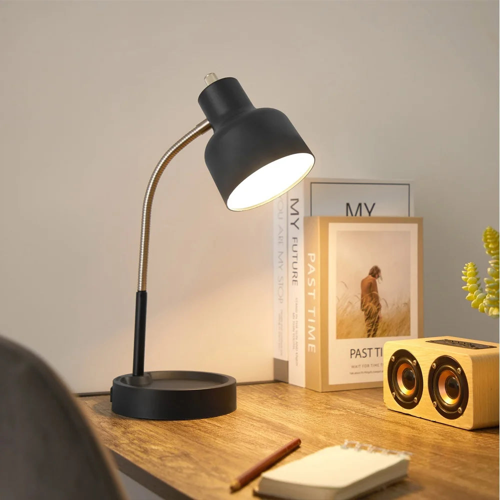 LED Desk Lamp with Integrated AC Outlet Catch-All Base Flexible Gooseneck Energy Efficient Long Lasting 12000 Hours Workspace
