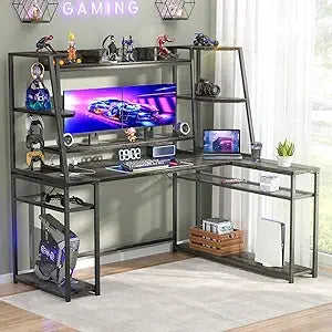 L Shaped Gaming Desk with LED Lights & Power Strips, 63'' Reversible Gaming Table Desk with Hutch, L-Shaped PC Gaming Desk with