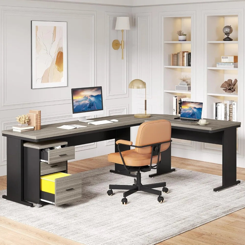 L-Shaped Executive Desk, Large Office Desk with Drawes,Industrial Corner Computer Table with File Cabinet, Business Workstation