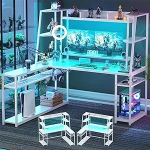L Shaped Gaming Desk with LED Lights & Power Strips, 63'' Reversible Gaming Table Desk with Hutch, L-Shaped PC Gaming Desk with