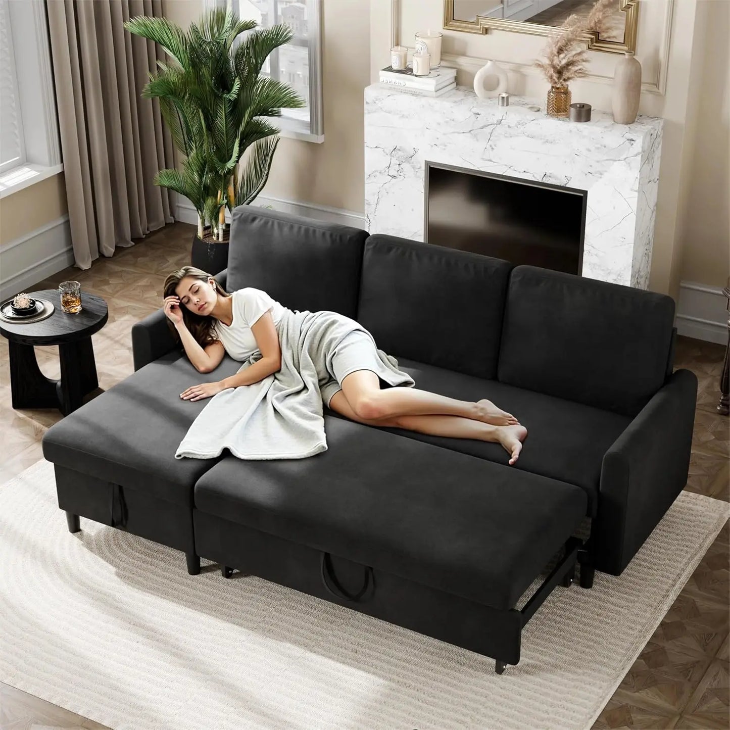 Convertible Sleeper Sofa, Pull Out Couch with Storage, 77" L-Shaped Sofa Bed with Storage