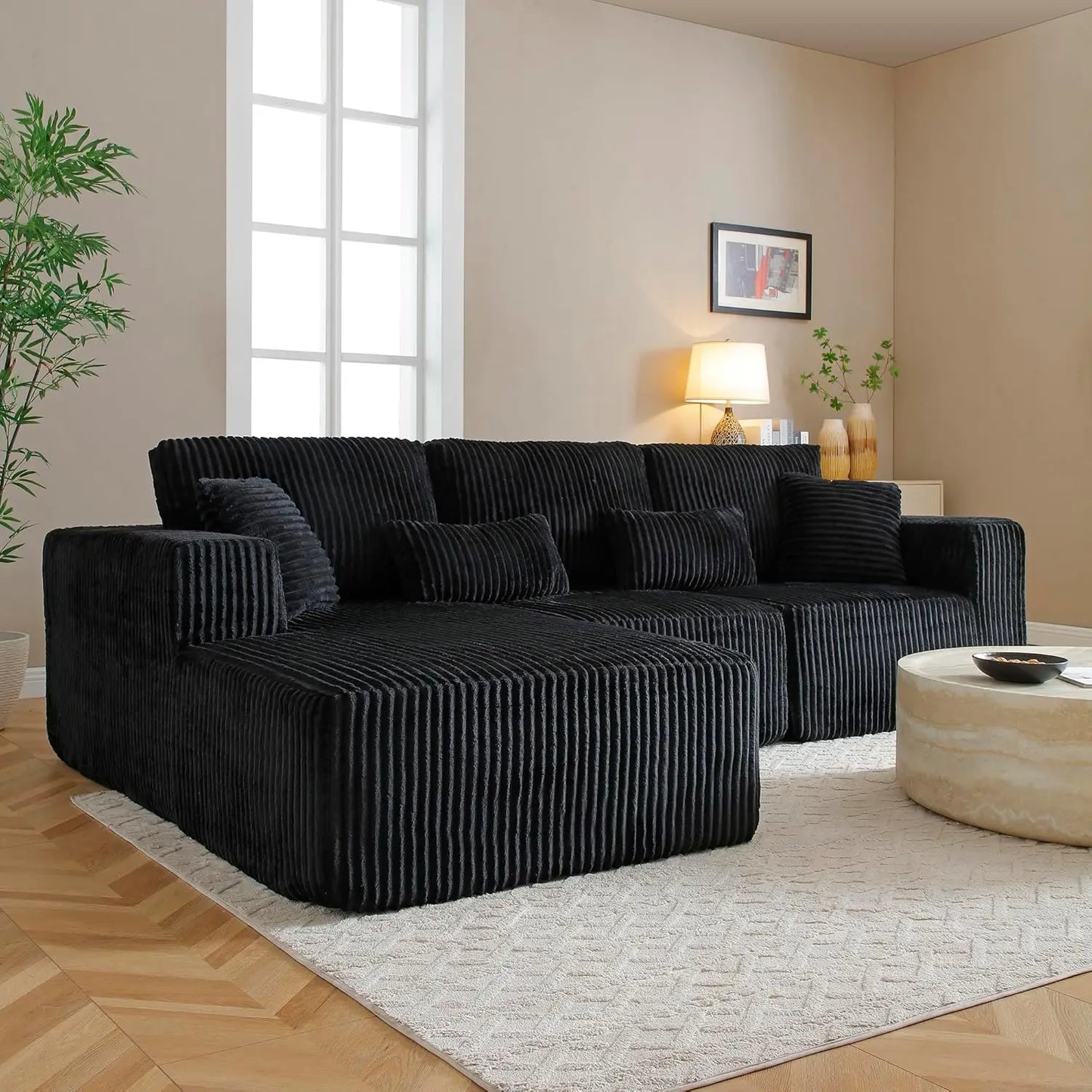 Modular Sectional Sofa Cloud Sectional Couch, 107" Comfy Fluffy L Shaped Black Couches, Deep Seat Memory Foam