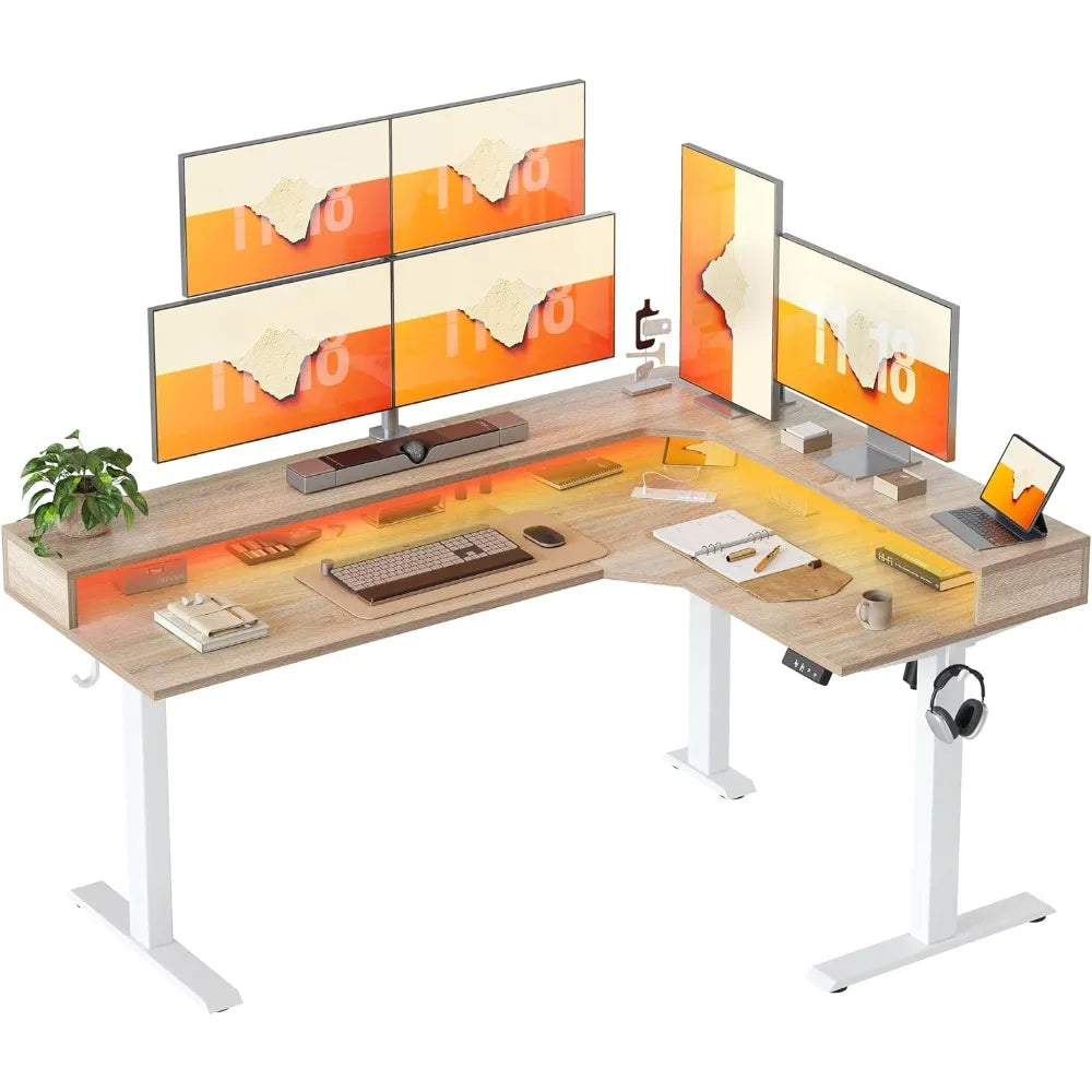 63'' L-Shaped Standing Desk with LED Light Strip and Power Outlet, Height Adjustable Corner Table with Ergonomic Monitor