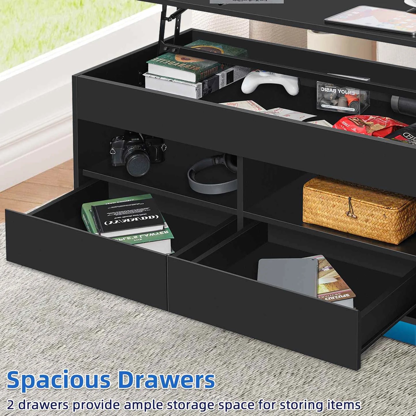 Top Lift Coffee Table with RGB LED Light High Gloss Surface Hidden Storage Compartment and Drawer Height Adjustable Tea Tables