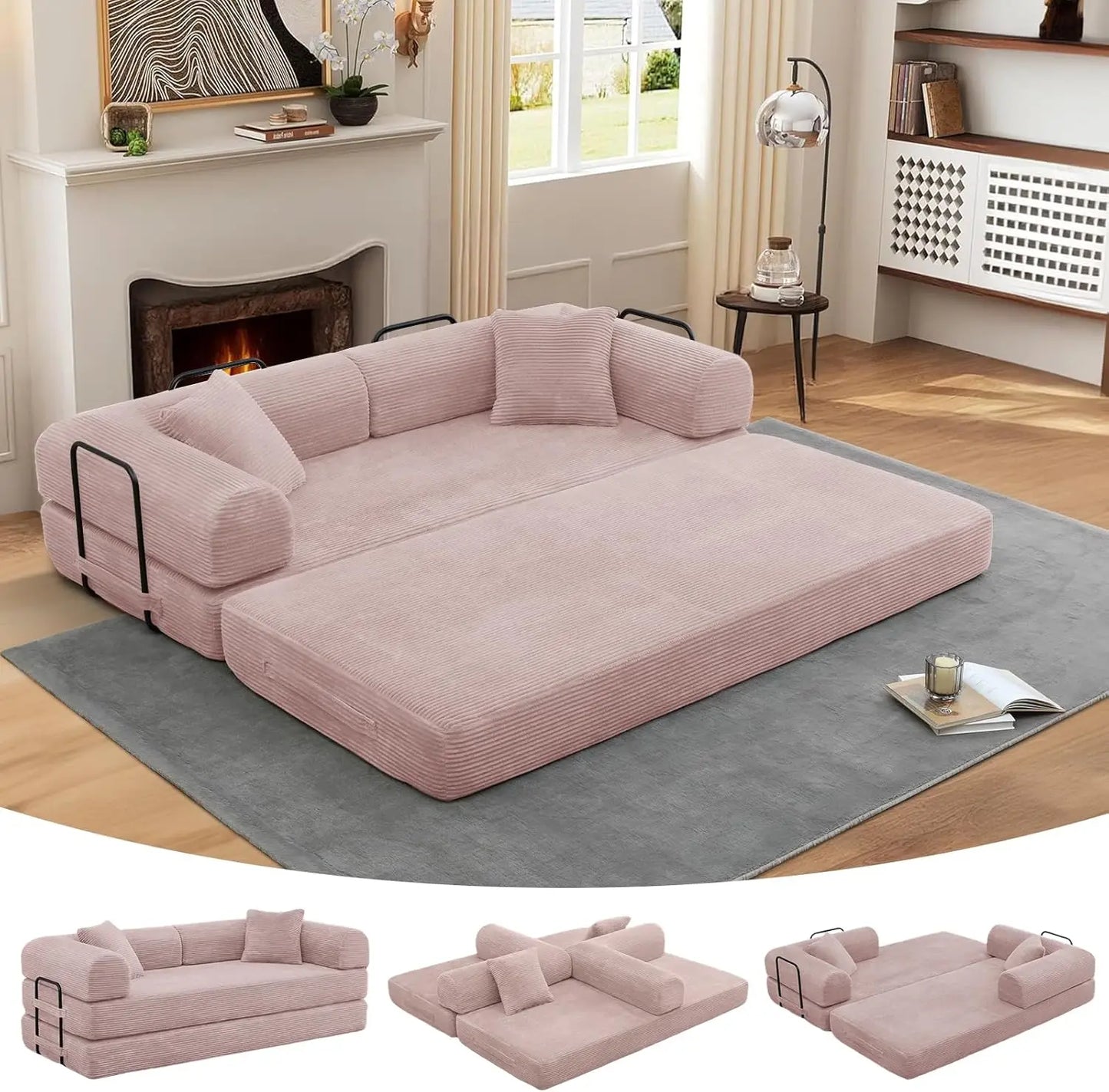 Convertible Folding Sofa Bed - Modular Floor Couch with Removable Backrest, Corduroy & Fixed-Frame