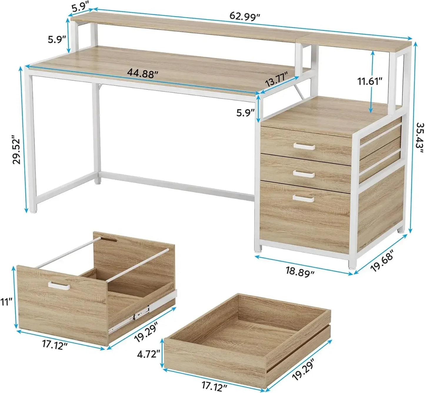 63 Inch Computer Desk with File Drawer Cabinet, Ergonomic Office Desk with Monitor Stand, Industrial Computer Table