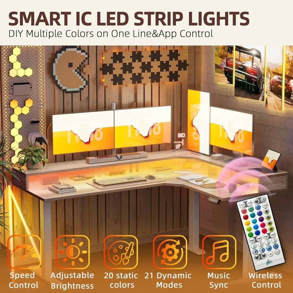 63'' L-Shaped Standing Desk with LED Light Strip and Power Outlet, Height Adjustable Corner Table with Ergonomic Monitor