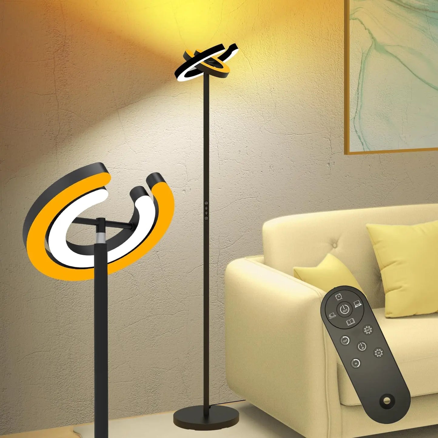 Modern Standing LED Floor Lamp with 2 Rotatable Lights, Remote & Touch Control, Bright Stepless Dimmable, Ideal for Office