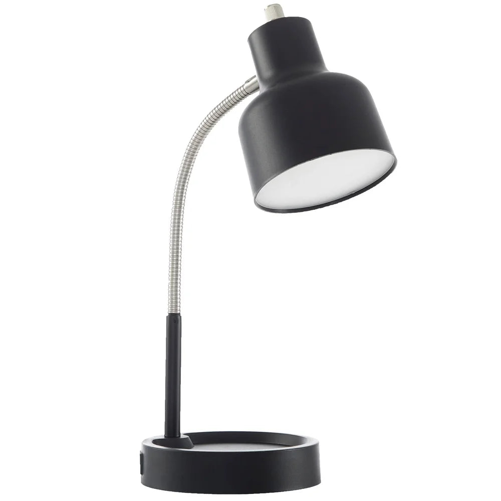 LED Desk Lamp with Integrated AC Outlet Catch-All Base Flexible Gooseneck Energy Efficient Long Lasting 12000 Hours Workspace