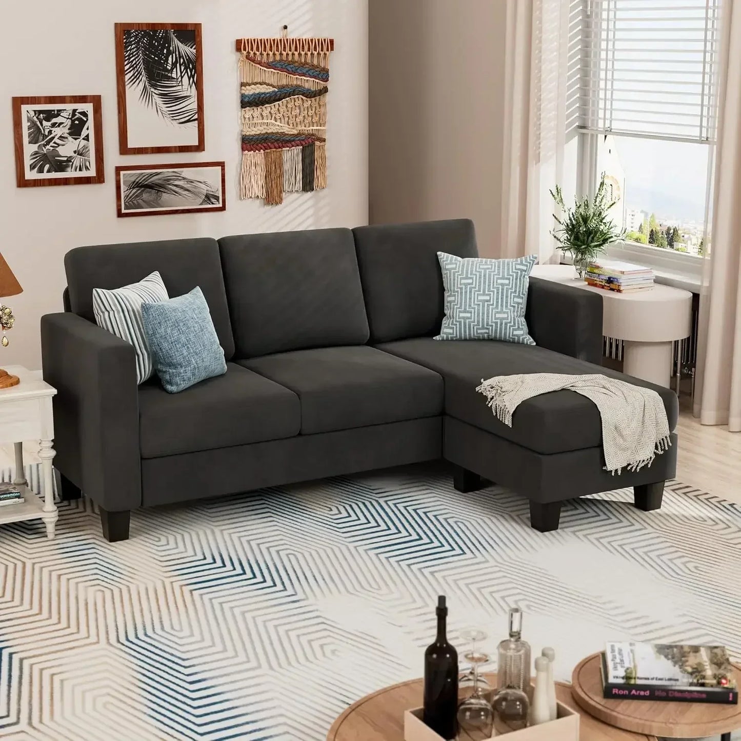 Convertible Sectional 3 L-Shaped Couch Soft Seat with Modern Linen Fabric, Space-saving Sofas