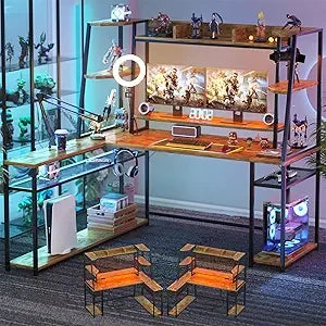 L Shaped Gaming Desk with LED Lights & Power Strips, 63'' Reversible Gaming Table Desk with Hutch, L-Shaped PC Gaming Desk with