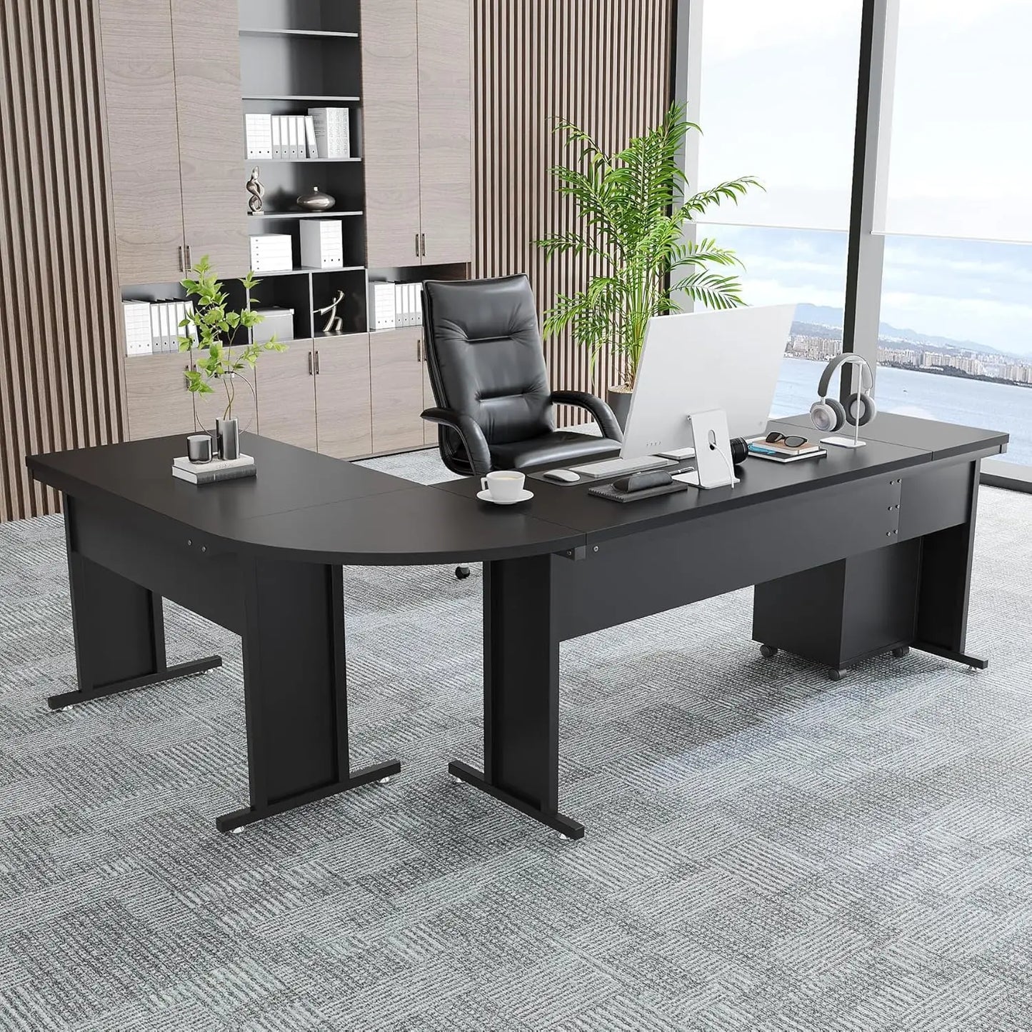 L-Shaped Executive Desk, Large Office Desk with Drawes,Industrial Corner Computer Table with File Cabinet, Business Workstation
