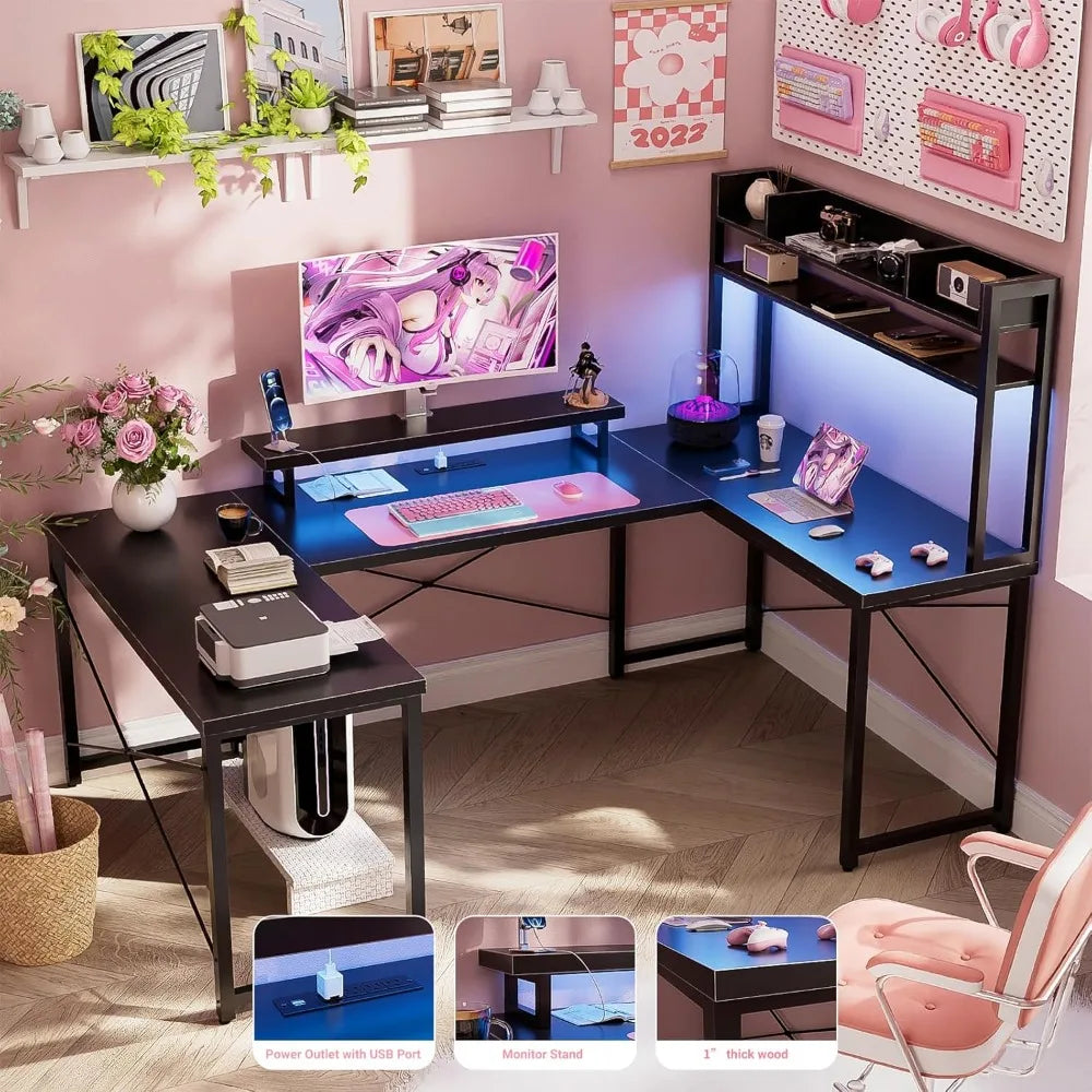 U Shaped Desk with Hutch, Reversible L Shaped Computer Desk with Power Outlets and LED Strip, Large Office Table with Monitor S