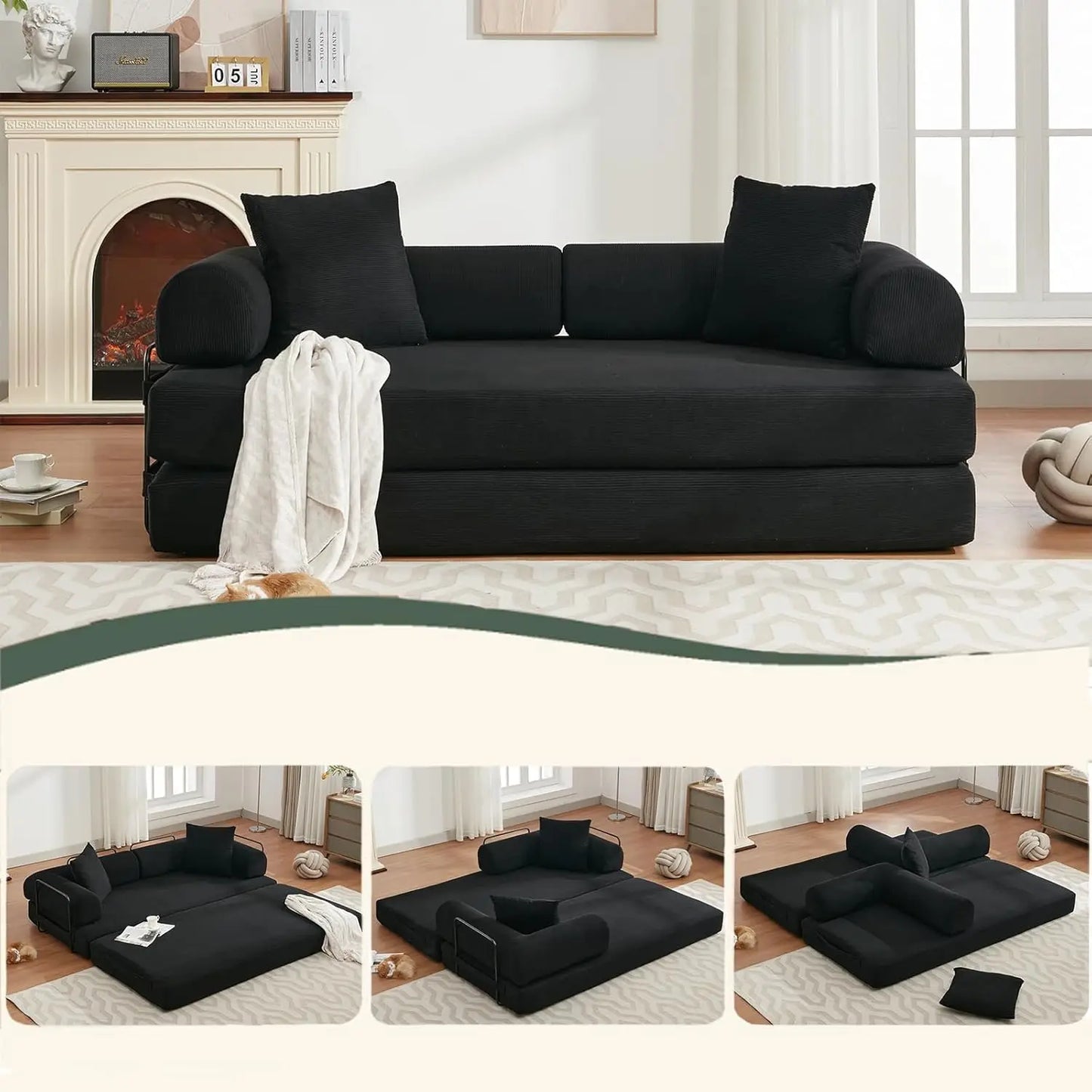 Convertible Folding Sofa Bed - Modular Floor Couch with Removable Backrest, Corduroy & Fixed-Frame