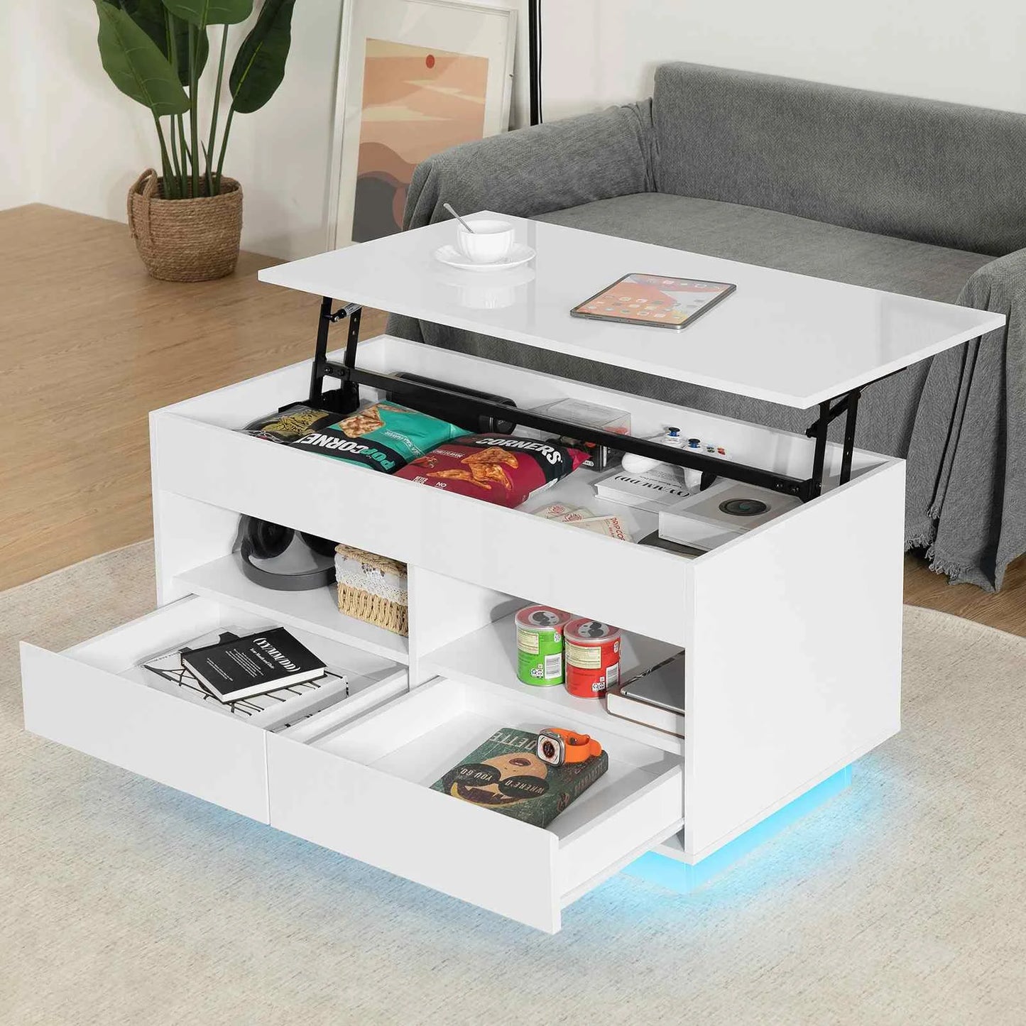 Top Lift Coffee Table with RGB LED Light High Gloss Surface Hidden Storage Compartment and Drawer Height Adjustable Tea Tables