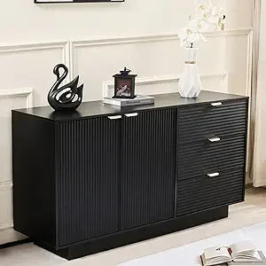 55''Large Fluted Sideboard Buffet Cabinet, Modern Buffet Table Coffee Bar Wine Bar Storage Cabinet with 2 Doors and 3 Drawers fo