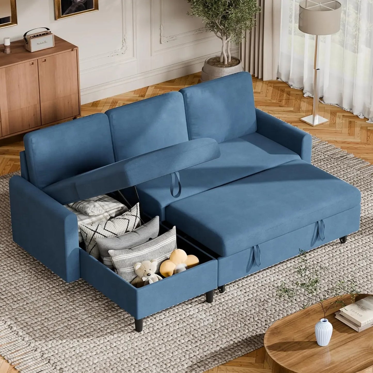 Convertible Sleeper Sofa, Pull Out Couch with Storage, 77" L-Shaped Sofa Bed with Storage