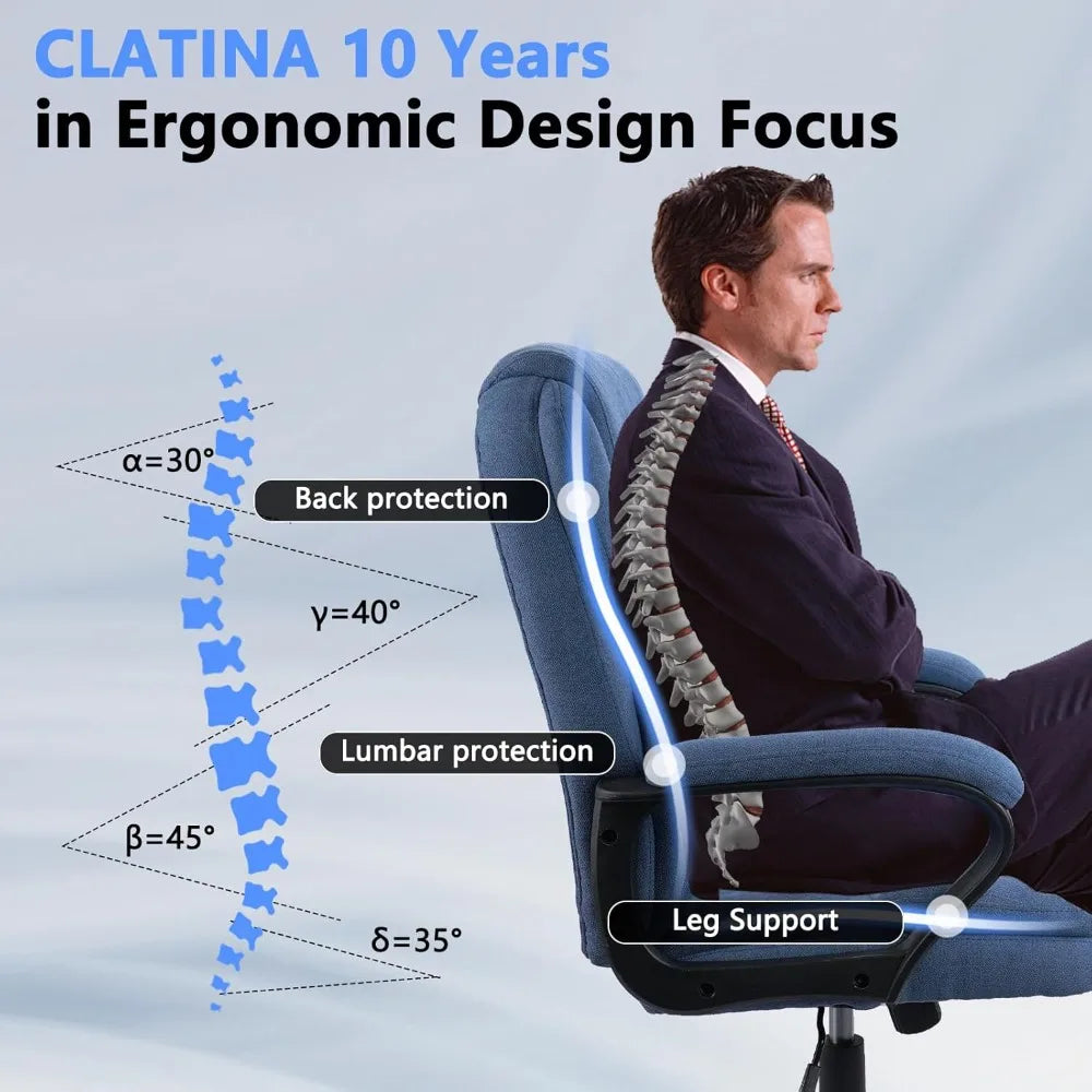 Blue Cloth Office Chair Fabric Covered Desk Chair, Adjustable Height Swivel Chairs Ergonomic Executive Chair with Arms and Whee