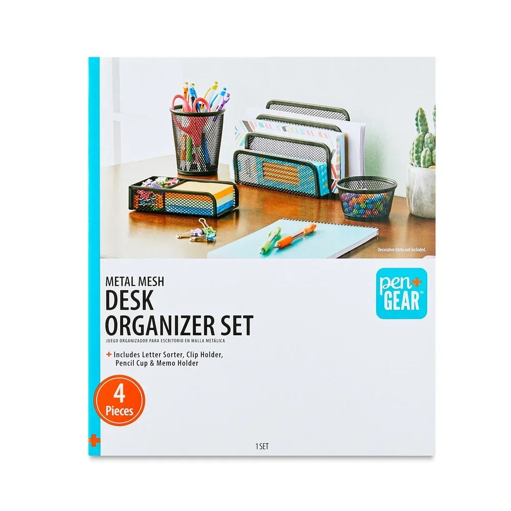 Metal Desk Organizer Set 4 Pieces Mesh Design Letter Sorter Pencil Cup Memo Holder Clip Holder Durable Office Home Storage