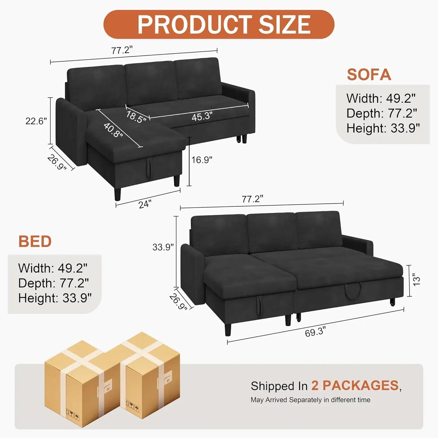 Convertible Sleeper Sofa, Pull Out Couch with Storage, 77" L-Shaped Sofa Bed with Storage