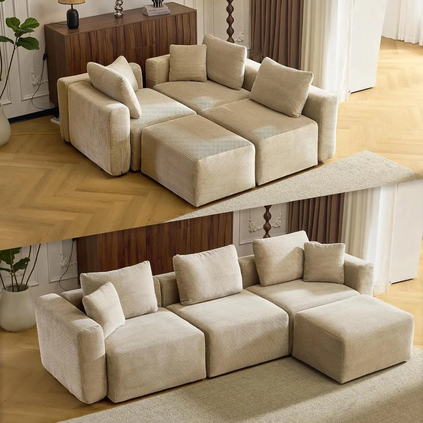 112.2“ Convertible Corduroy Cloud Sectional Couches with Movable Ottoman, L-Shaped Upholstered Sofa with Deep Seat