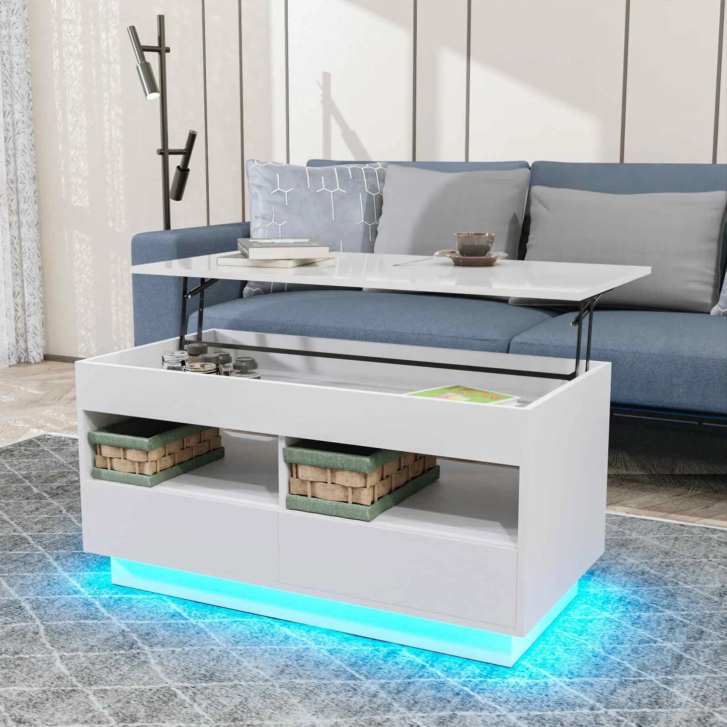 Top Lift Coffee Table with RGB LED Light High Gloss Surface Hidden Storage Compartment and Drawer Height Adjustable Tea Tables