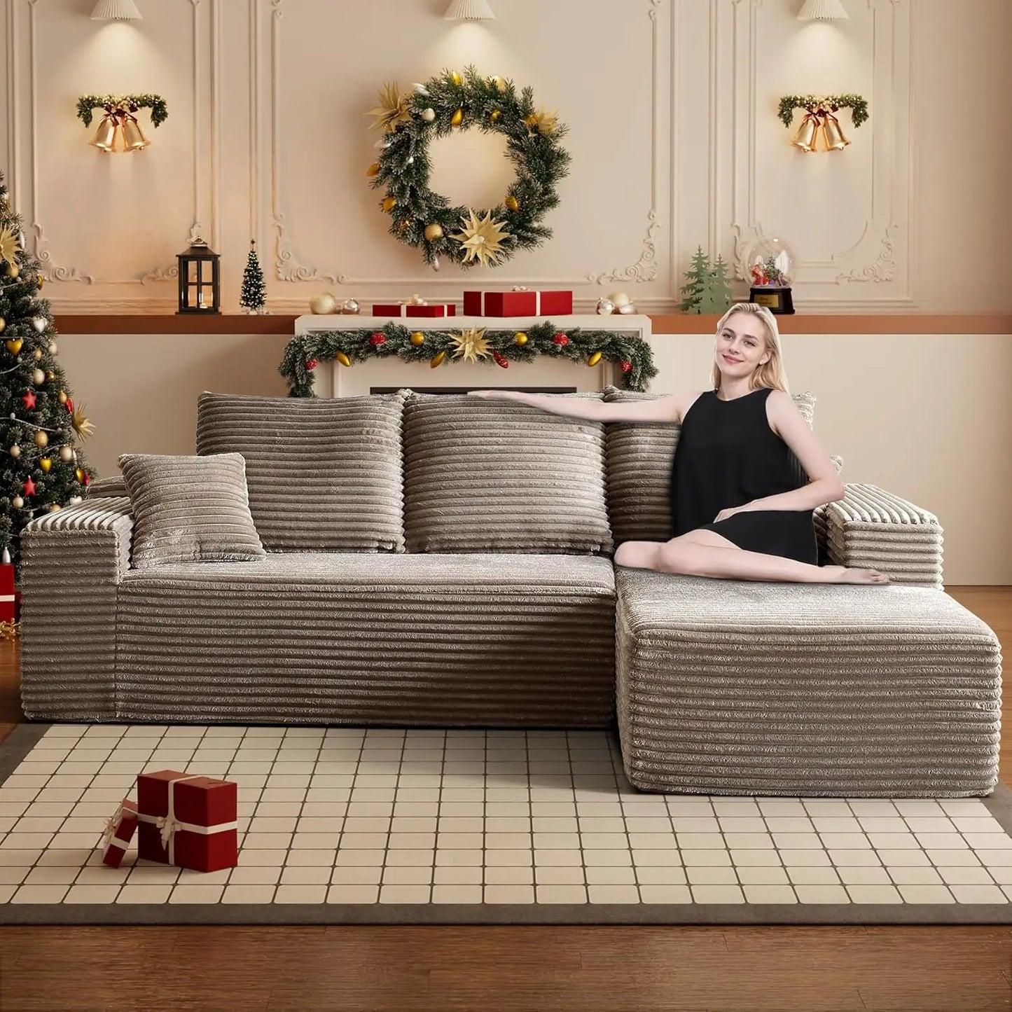 Modular Sectional Sofa Cloud Sectional Couch, 107" Comfy Fluffy L Shaped Black Couches, Deep Seat Memory Foam