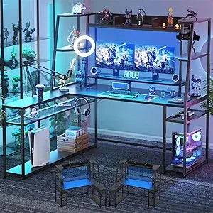 L Shaped Gaming Desk with LED Lights & Power Strips, 63'' Reversible Gaming Table Desk with Hutch, L-Shaped PC Gaming Desk with