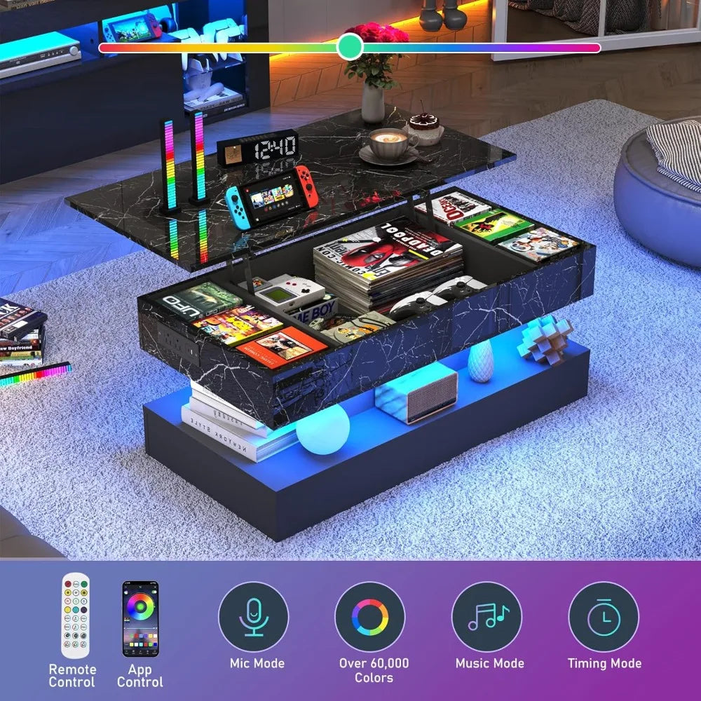 Large Lift Top Coffee Table with Charging Station, LED Modern High Glossy Center Table with Hidden Compartment Storage