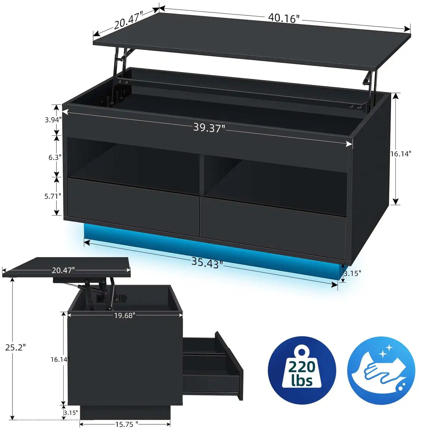 Top Lift Coffee Table with RGB LED Light High Gloss Surface Hidden Storage Compartment and Drawer Height Adjustable Tea Tables