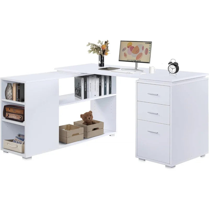 YXI L Shaped Computer Desk, 60” Study Writing Table Home Office Desk Morden Corner Workstation Setup with Shelves and 3 , CU