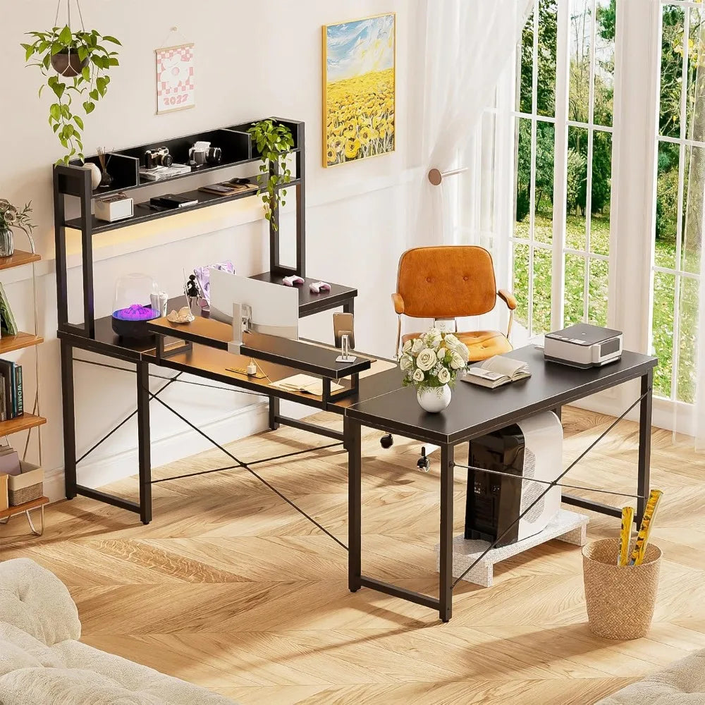 U Shaped Desk with Hutch, Reversible L Shaped Computer Desk with Power Outlets and LED Strip, Large Office Table with Monitor S