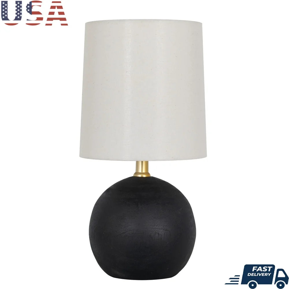 Mini Black Wood Ball Table Lamp with White Fabric Shade 12.5 Inch Stylish Accent Lighting Home Office Bedroom Desk Reading