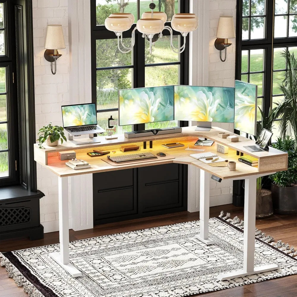 63'' L-Shaped Standing Desk with LED Light Strip and Power Outlet, Height Adjustable Corner Table with Ergonomic Monitor