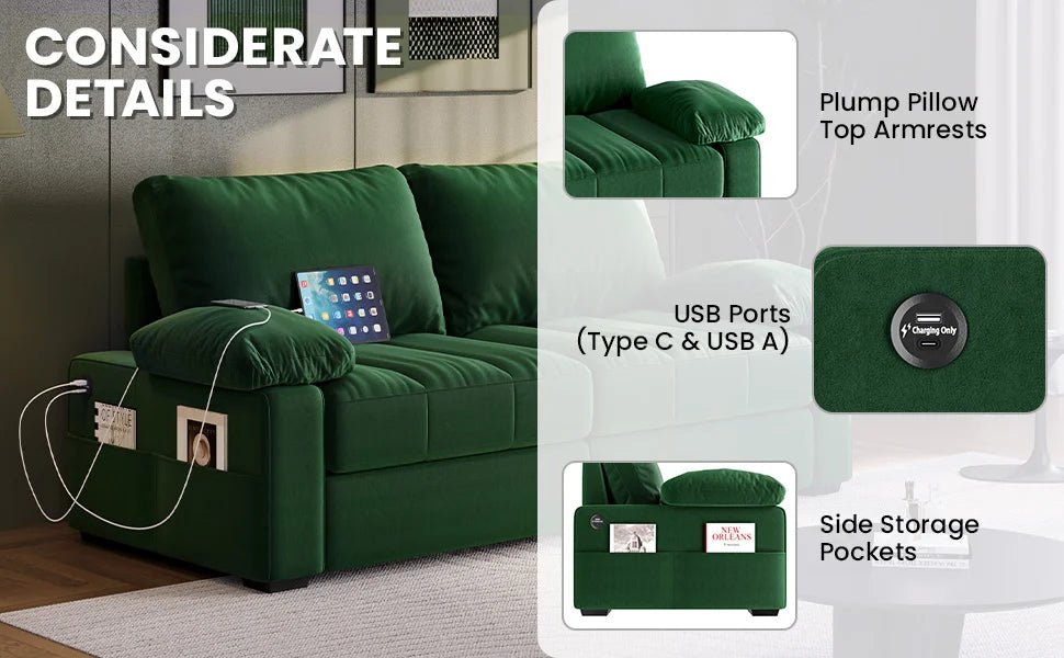 79" Velvet Couch, Comfy Sofa with Pocket Coils, Deep Seat, Storage Pockets and USB Ports, Loveseat Sofas with Removable Cover