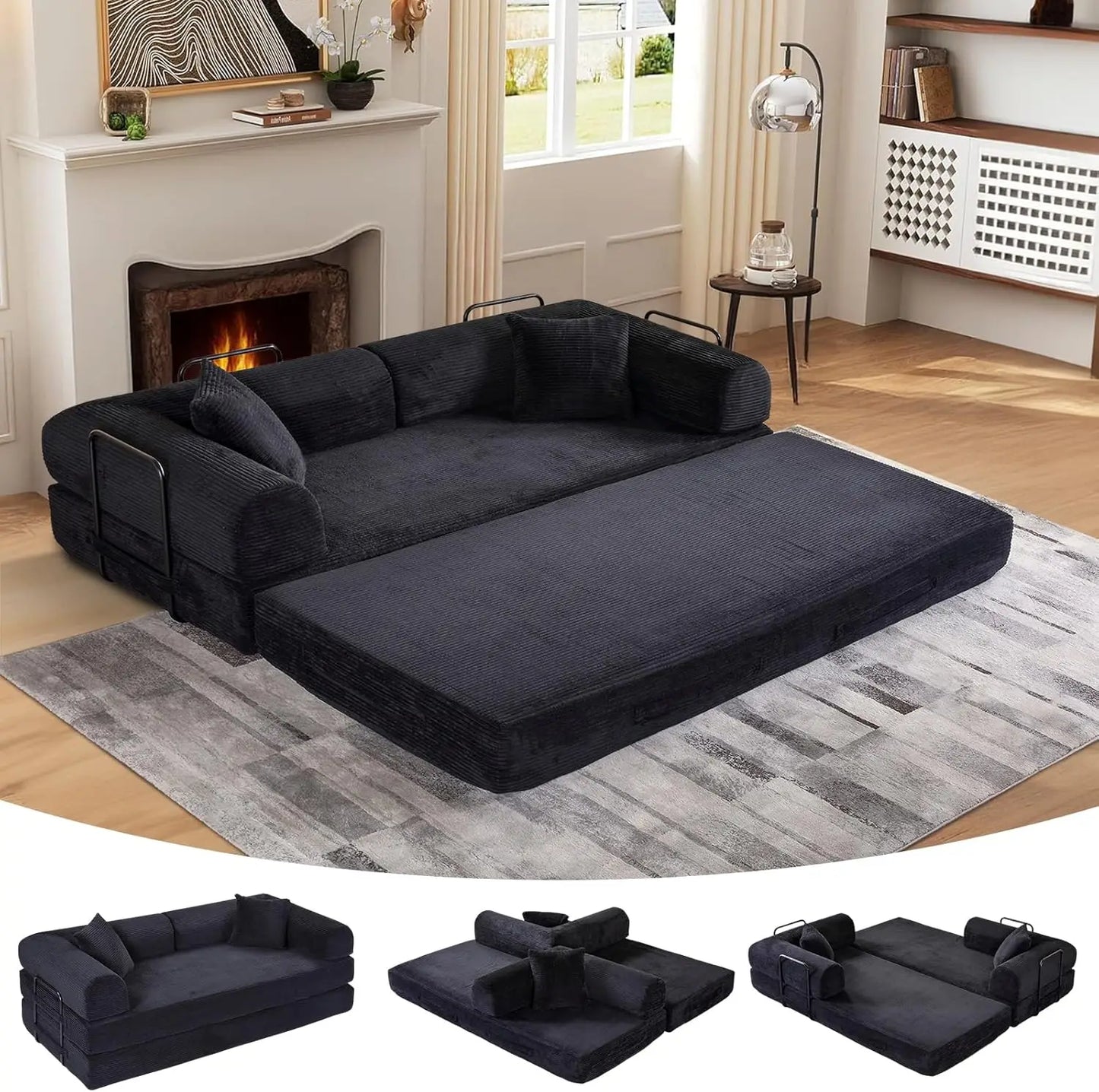 Convertible Folding Sofa Bed - Modular Floor Couch with Removable Backrest, Corduroy & Fixed-Frame