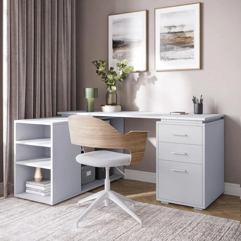 YXI L Shaped Computer Desk, 60” Study Writing Table Home Office Desk Morden Corner Workstation Setup with Shelves and 3 , CU
