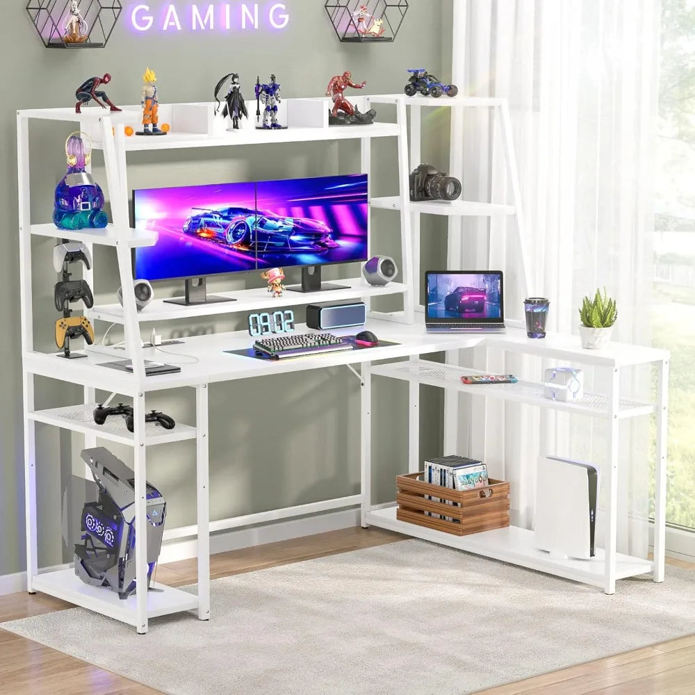 L Shaped Gaming Desk with LED Lights & Power Strips, 63'' Reversible Gaming Table Desk with Hutch, L-Shaped PC Gaming Desk with