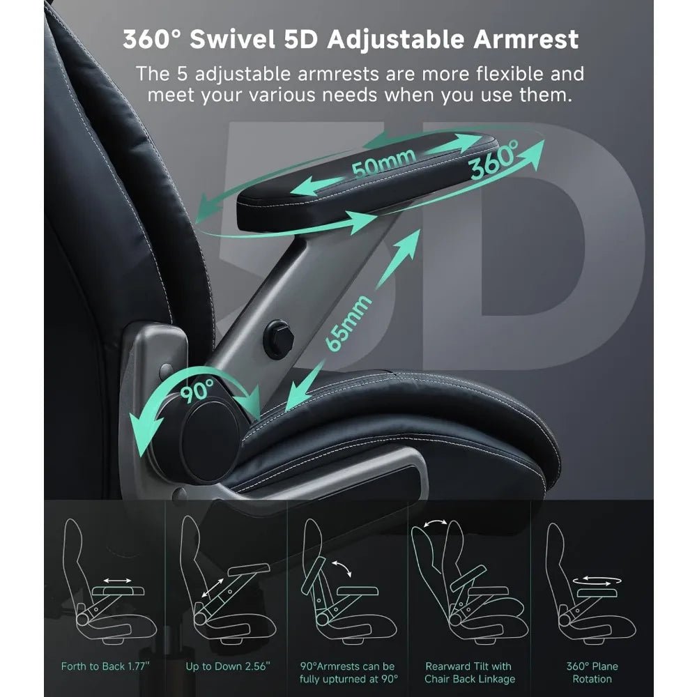Big and Tall Office Chair with 5D Flip Arms, 600LBS PU Leather Executive Chair with Adjustable Lumbar Support 3'' Double Space W