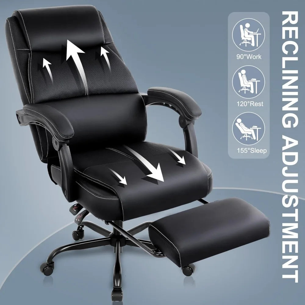 Big and Tall Office Chair with Footrest, High Back Desk Chair with Linkage Armrest, 90-155° Recline Executive Computer Chairs