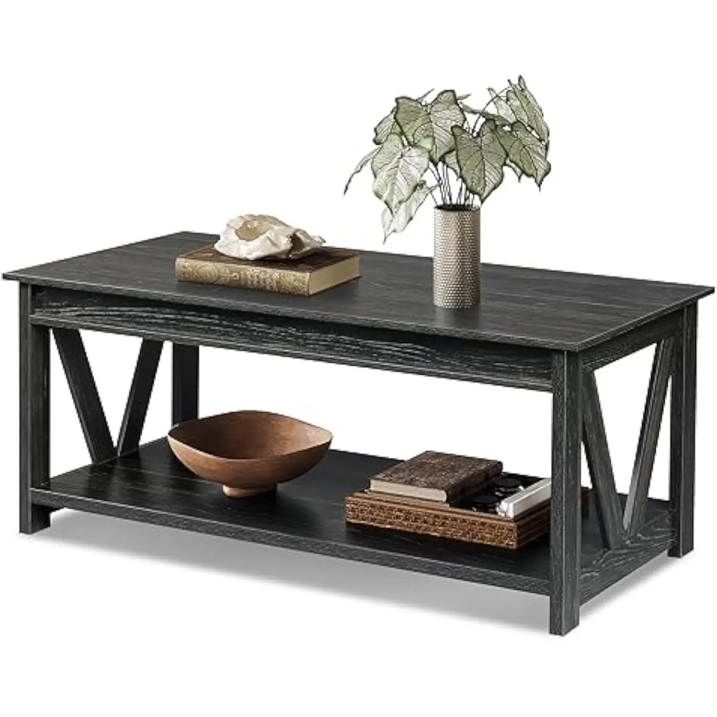 Coffee Table Farmhouse Coffee Table with Storage Shelf Sturdy V Shaped Support Center Table for Living Room/ Office