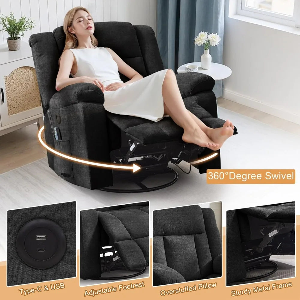 Rocker Recliner, Glider Recliner Chairs for Adults, 360° Swivel Rocking Chair with Massage and Heating, Nursery Chair with Stora
