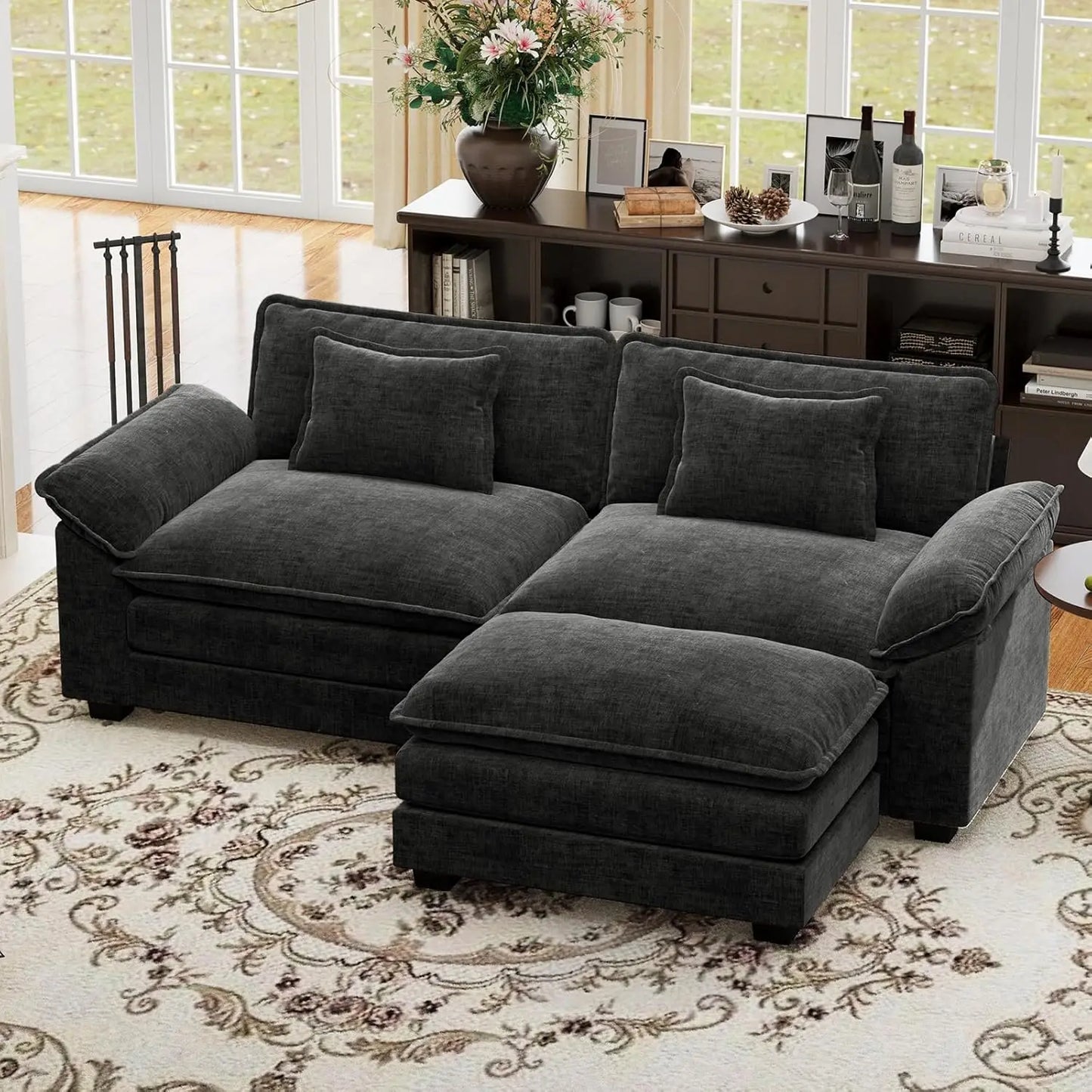 "86 Inch Modular L-Shaped Couch with Removable Ottoman, Plush 3-Seat Chenille Sofa for Modern Living Spaces"