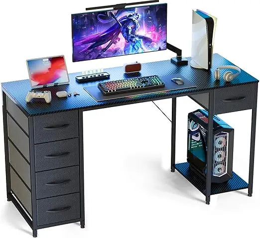 Computer Desk with 5 Fabric Drawers, 47 Inch Home Office Desk with Storage Shelves, Gaming Writing Work Study Table for Bedroom,