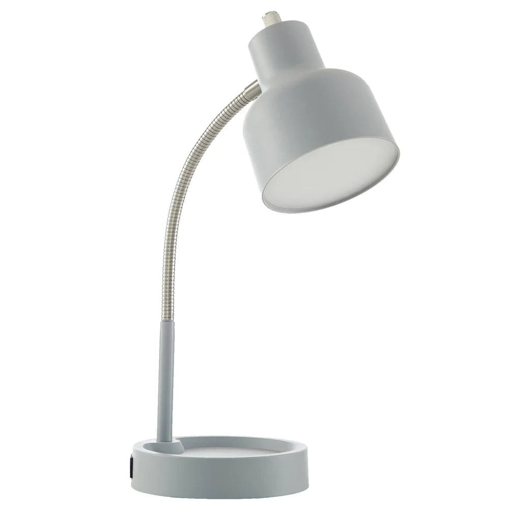 LED Desk Lamp with Catch-All Base AC Outlet Flexible Gooseneck Integrated LED Bulb Energy Efficient Storage Solution Workspace