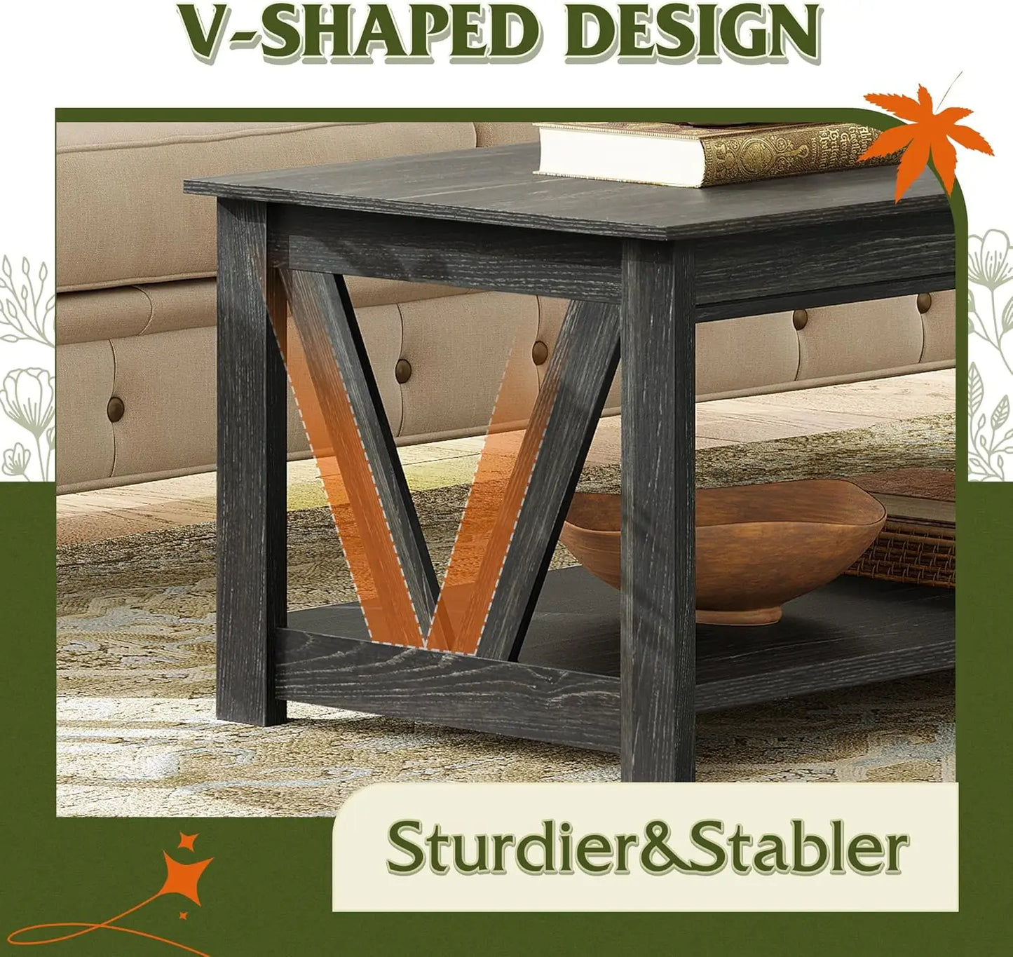 Coffee Table Farmhouse Coffee Table with Storage Shelf Sturdy V Shaped Support Center Table for Living Room/ Office