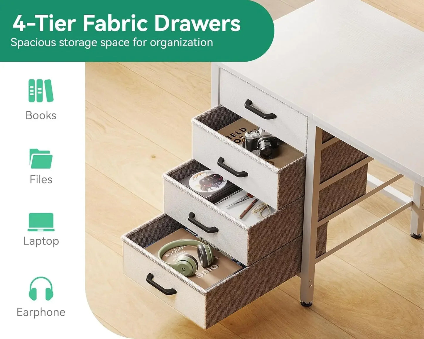 32-Inch Small Computer Desk with 4 Fabric Drawers, Storage, Side Hook and Cloth Bag, Kids Desk Study/Work Table